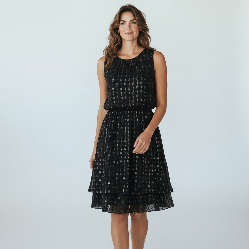 NWOT Maison Jules Black & Gold Metallic Tiered A-Line Dress – Size S